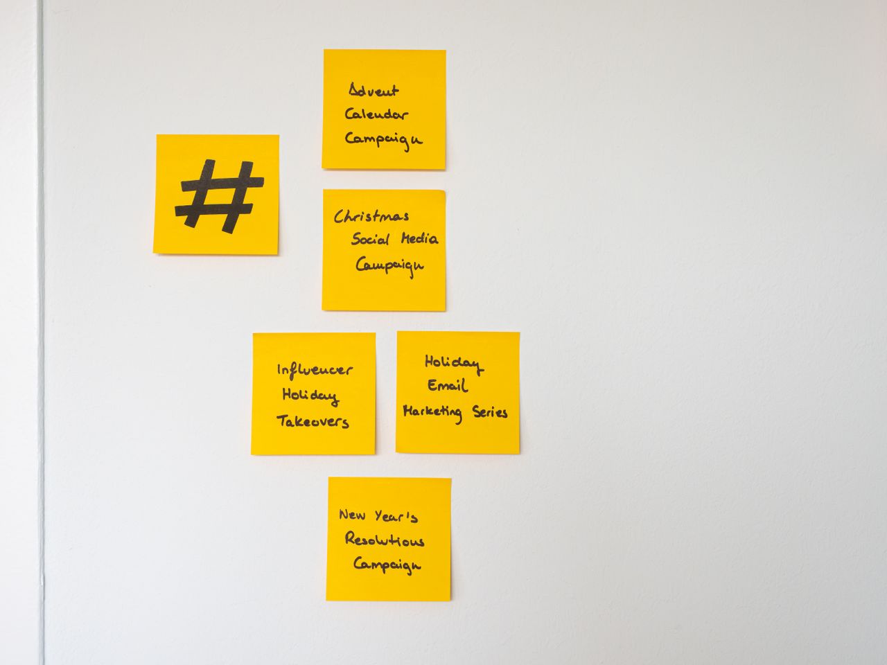 Des notes adhésives jaunes, bien ordonnées, sont disposées sur un mur blanc pour des stratégies marketing de fin d’année.